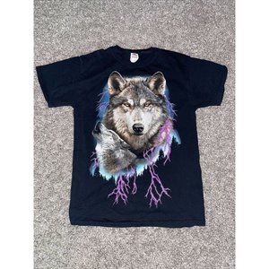 Vintage Wolf and Lightning Graphic T Shirt Men's Size M Black Black Thunder